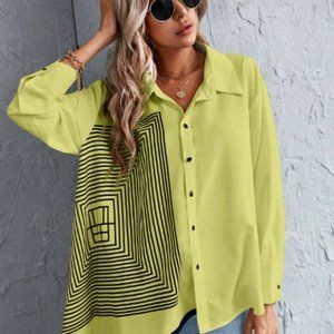 Geo Print Button Front Shirt, Yellow Shirt